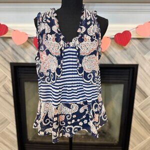 CAbi Navy Blue Paisley Striped Sleeveless Blouse Top Mixed Print Ruffle V-Neck‎
